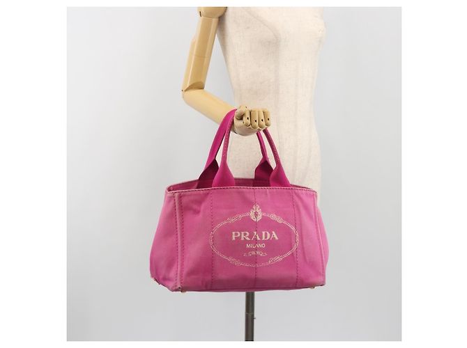 Borsa PRADA Canapa MM Canvas Rosa Oro Auth 194294 D'oro - vista 24