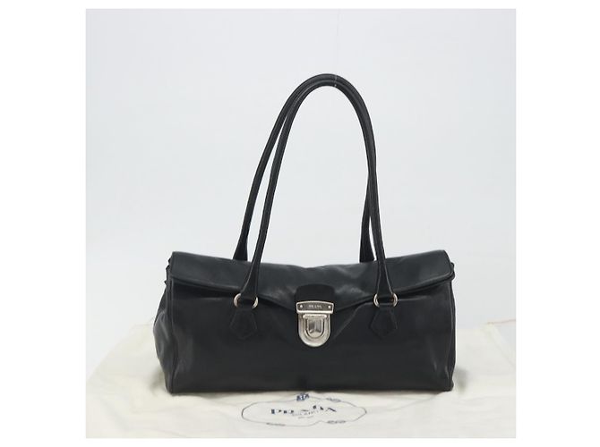 Bolso de hombro PRADA de piel negro plata Auth 195224V - vista 26