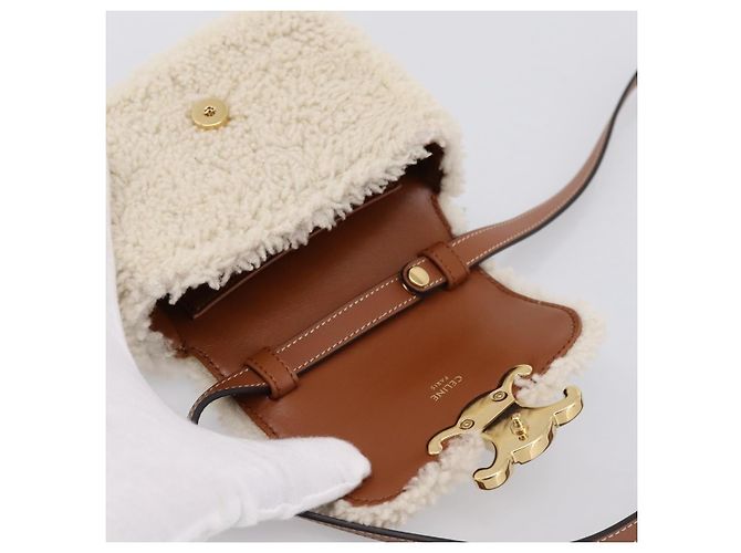 Céline CELINE Triomphe Mini Claude Shoulder Pouch Bore Beige Gold Auth 196467SAM Dorado - vista 14