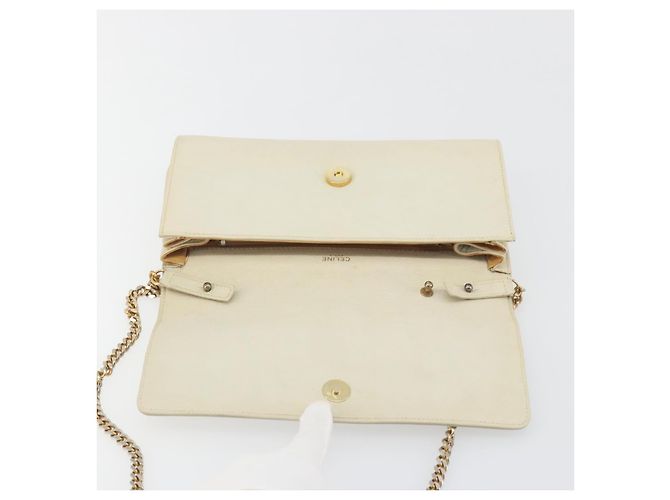 Céline Borsa a tracolla con catena CELINE Pelle White Gold Auth bs36725 Bianco D'oro - vista 16