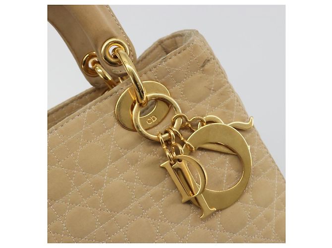 Borsa Christian Dior Lady Dior Canage Nylon Beige Gold Auth bs36737 D'oro - vista 14