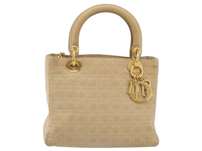 Borsa Christian Dior Lady Dior Canage Nylon Beige Gold Auth bs36737 D'oro - vista 2