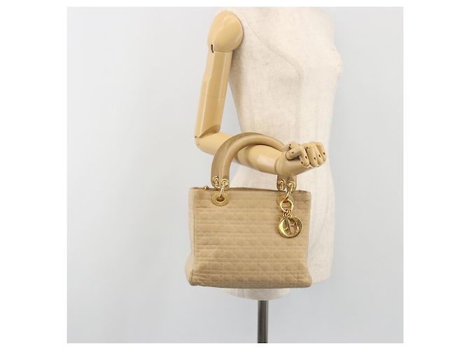 Borsa Christian Dior Lady Dior Canage Nylon Beige Gold Auth bs36737 D'oro - vista 23