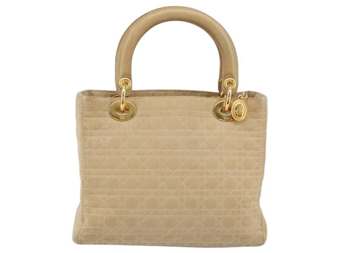 Borsa Christian Dior Lady Dior Canage Nylon Beige Gold Auth bs36737 D'oro - vista 3