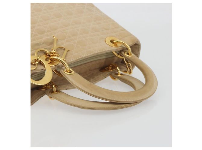 Borsa Christian Dior Lady Dior Canage Nylon Beige Gold Auth bs36737 D'oro - vista 7