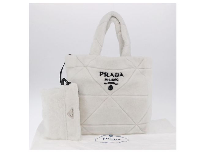 Borsa Tote PRADA in pelliccia Bianco Argento Auth 197109SAM - vista 25