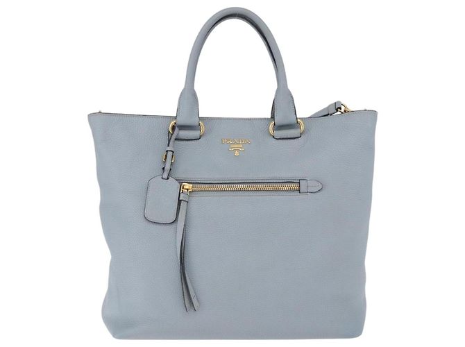 Saco Tote PRADA em couro 2way Azul Claro Ouro Auth 192481A Dourado - vista 2