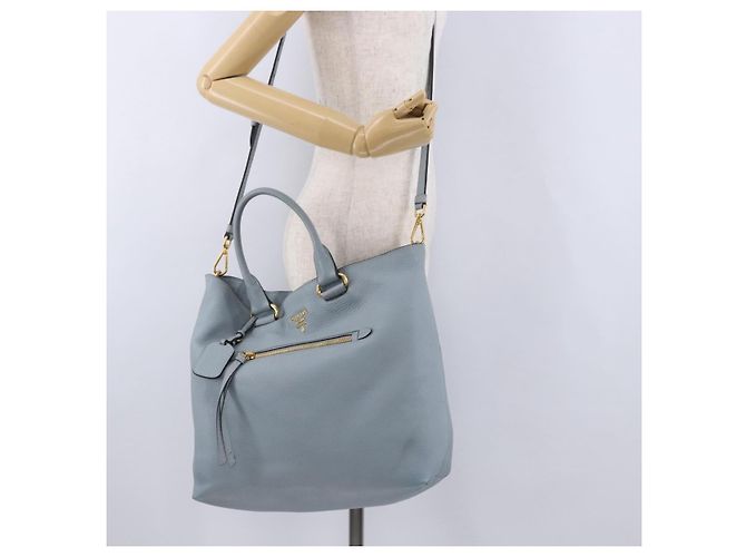 Saco Tote PRADA em couro 2way Azul Claro Ouro Auth 192481A Dourado - vista 26