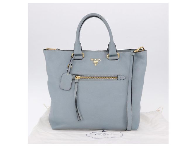Saco Tote PRADA em couro 2way Azul Claro Ouro Auth 192481A Dourado - vista 27