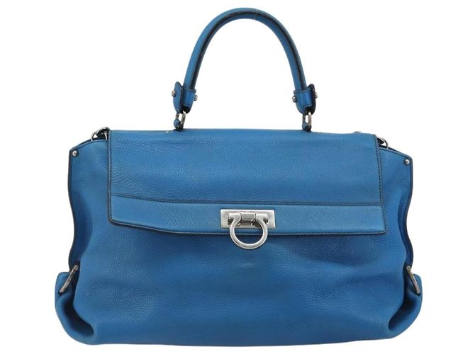 Borsa Salvatore Ferragamo Gancini in pelle 2way Blu Argento Auth 195004 - vista 2