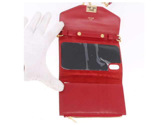Céline Portafoglio a catena CELINE in pelle rossa e oro Auth 196822M Rosso D'oro - vista 15