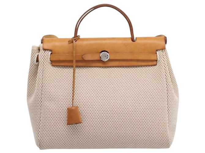 Hermès HERMES Herbag Ad PM Rucksack Canvas Leder Beige Silver Auth ka5642V Silber - Ansicht 2