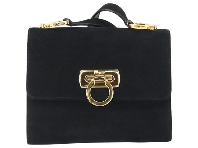 Borsa a tracolla Salvatore Ferragamo Gancini in camoscio nero e oro Auth 194354A D'oro - vista 2