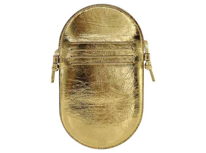 FENDI Olock Phone Holder Shoulder Pouch Leather Gold Auth 196474A D'oro - vista 3
