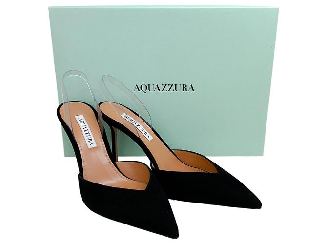 Décolleté Slingback Aquazzura Black Suede V Plexi 85 Nero - vista 6