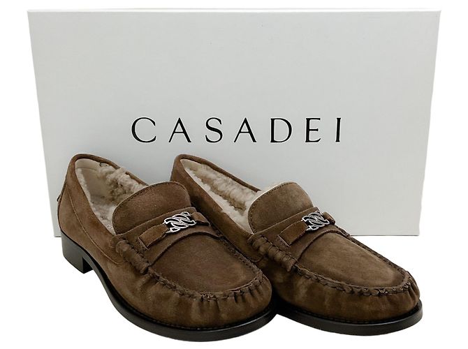 Casadei Mocassini Casade in camoscio marrone foderati in shearling - vista 6