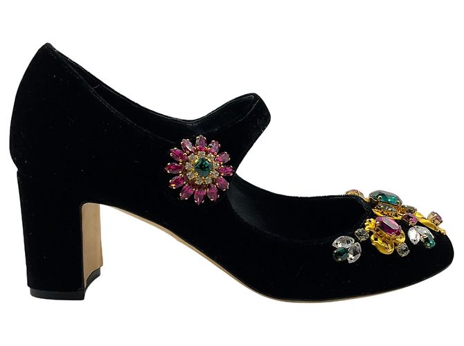 Décolleté Mary Jane Dolce & Gabbana in velluto nero con decorazioni multi cristallo - vista 2