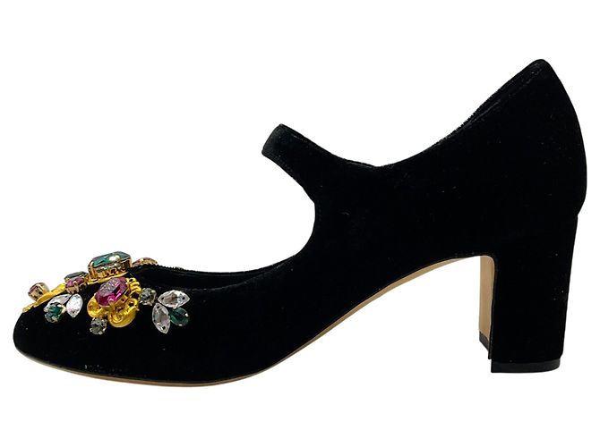 Décolleté Mary Jane Dolce & Gabbana in velluto nero con decorazioni multi cristallo - vista 3