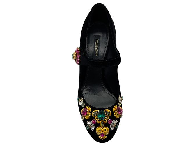 Décolleté Mary Jane Dolce & Gabbana in velluto nero con decorazioni multi cristallo - vista 4
