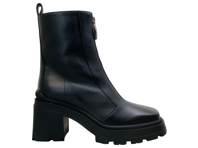 Jimmy Choo Black Smooth Leather Eugenie 80 Zip Front Booties - view 2