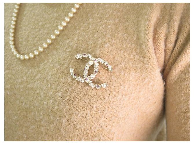Chanel Brosche Double CC Gold Kristalle und Perlen Golden - Ansicht 6