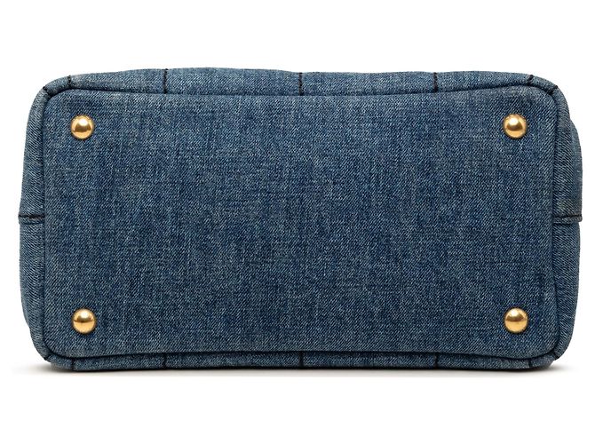 Borsa Tote Satchel Prada Small Denim Canapa Logo Blu - vista 3