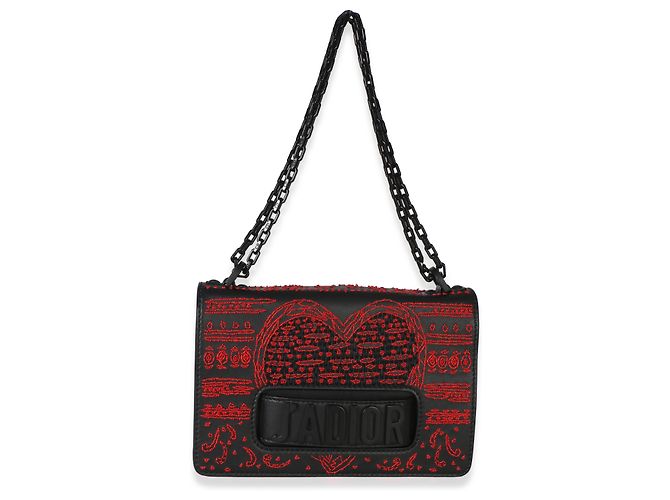 Borsa a patta J'Adior Christian Dior nera e rossa con cuore e trifoglio ricamati e perline, catena Nero - vista 5