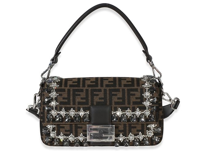 Bolsa Baguette Fendi marrom em jacquard FF com strass e cristais - vista 7