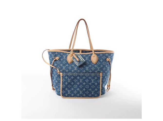 Borsa a tracolla Louis Vuitton Neverfull MM Monogram Denim in blu M13192 - vista 13