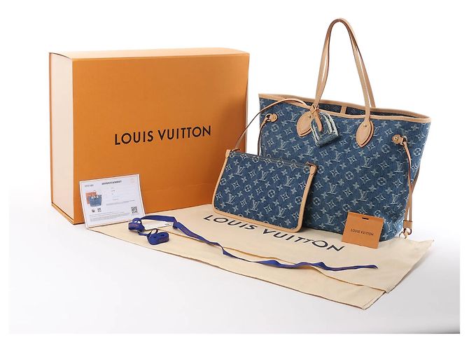 Borsa a tracolla Louis Vuitton Neverfull MM Monogram Denim in blu M13192 - vista 14