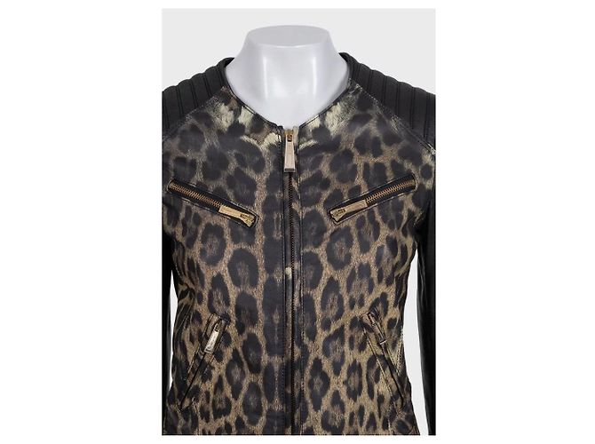 Roberto Cavalli Just Cavalli Chic Lederjacke mit Animal-Print IT 42 gebraucht - Ansicht 4