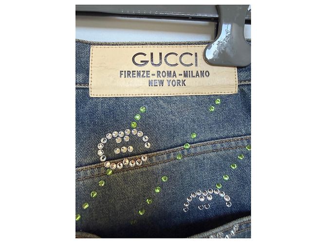 Jeans in denim Gucci Monogram con strass Blu - vista 3