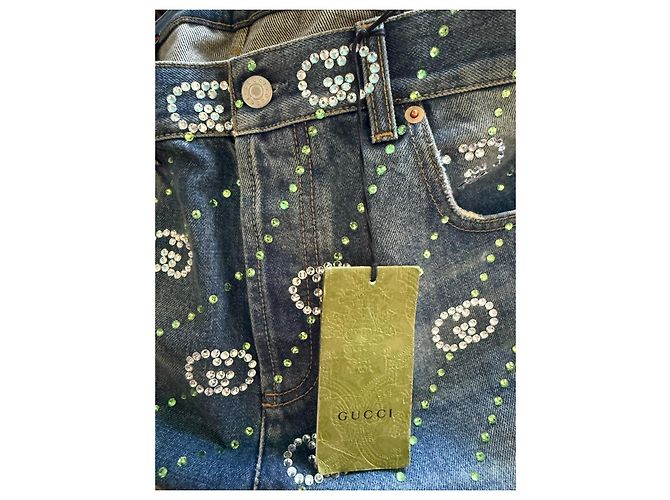 Jeans in denim Gucci Monogram con strass Blu - vista 5