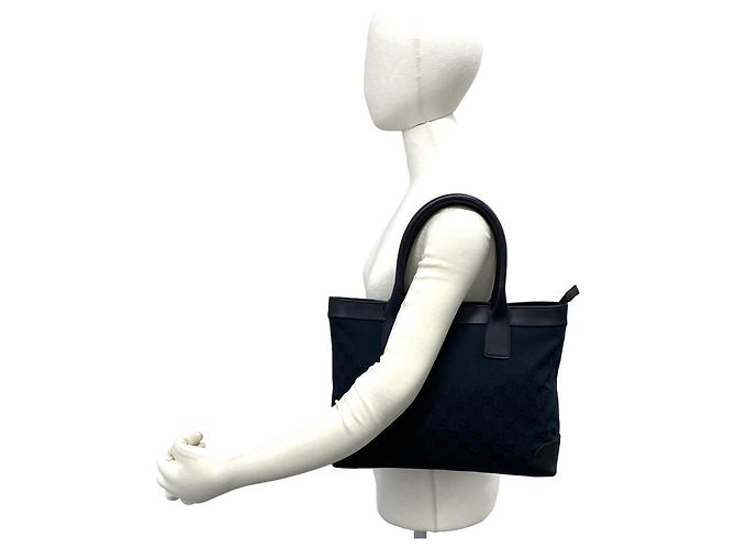 Gucci GG Logo Canvas Leder Tote Bag Schwarz Marineblau - Ansicht 2