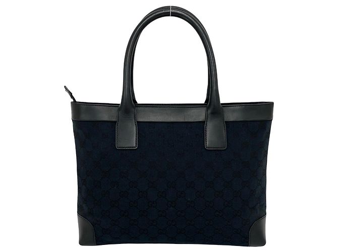 Gucci GG Logo Canvas Leder Tote Bag Schwarz Marineblau - Ansicht 3