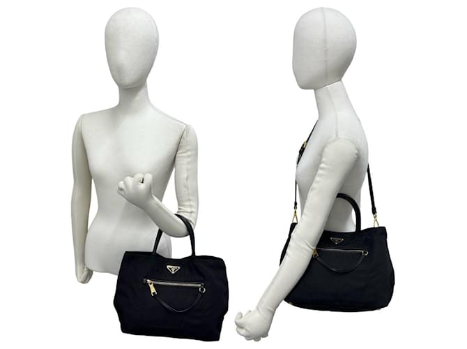 Tote Borsa Prada in nylon e pelle con logo Triangle Nero - vista 2