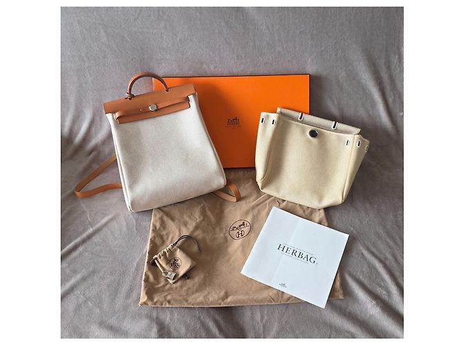Hermès Herbag Zip backpack in canvas and leather Brown Beige - view 2