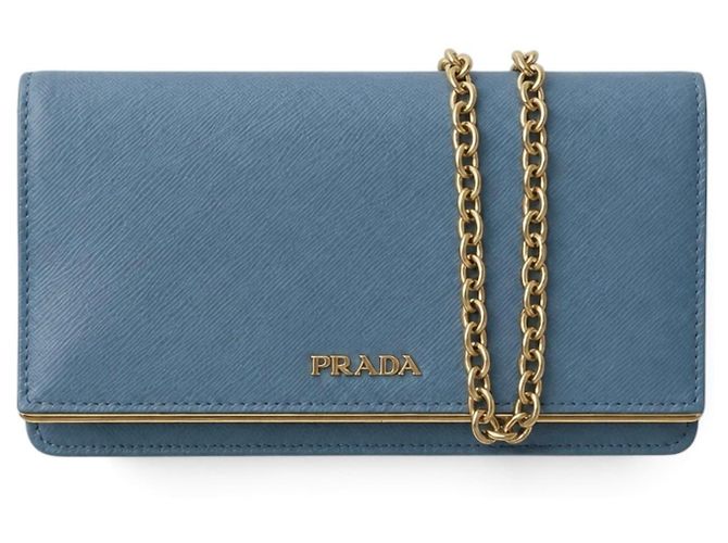 Cartera Prada de piel Saffiano azul con cadena dorada - vista 18