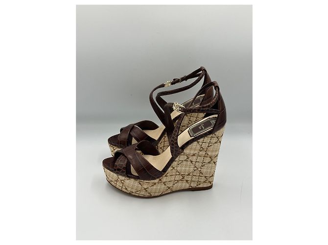 Sandali wedge in pelle Christian Dior Brown Cannage Platform Marrone - vista 3