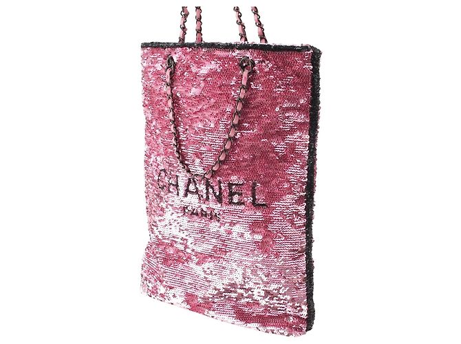 Borsa Shopping Chanel in paillettes rosa - vista 9