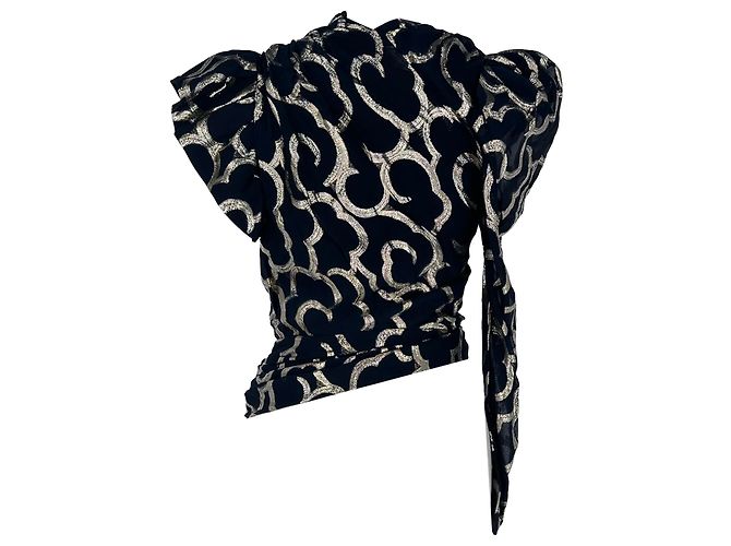 Isabel Marant bedruckte asymmetrische Bluse mit Bindegürtel aus dunkelblauer Wolle Marineblau - Ansicht 3