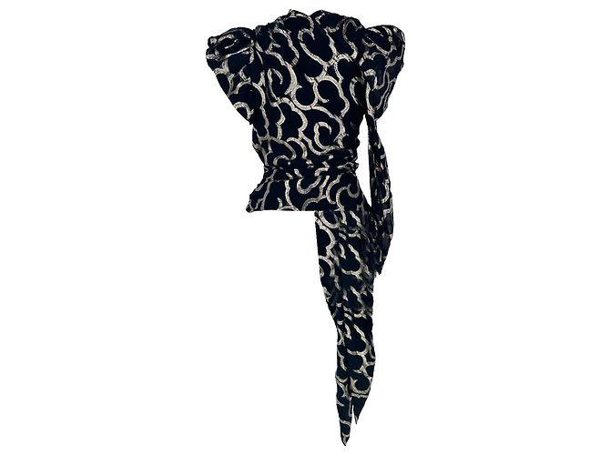 Isabel Marant bedruckte asymmetrische Bluse mit Bindegürtel aus dunkelblauer Wolle Marineblau - Ansicht 6