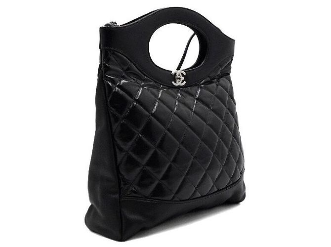 Chanel Sac cabas à main en cuir de veau noir avec chaîne argentée bandoulière crossbody - vue 3