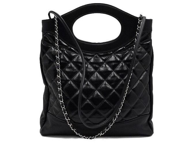 Chanel Sac cabas à main en cuir de veau noir avec chaîne argentée bandoulière crossbody - vue 4