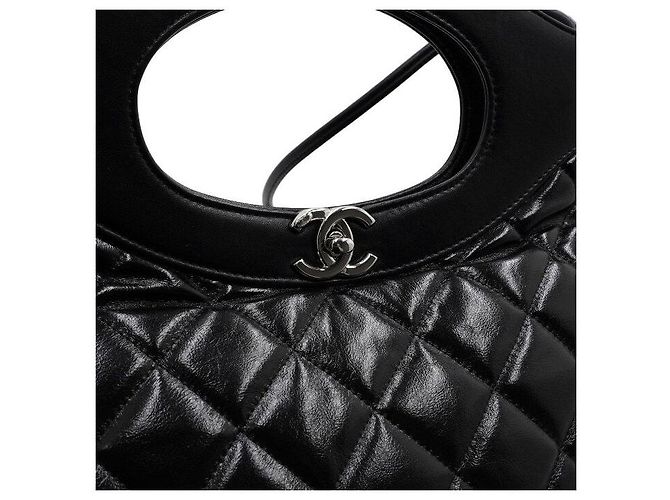 Chanel Sac cabas à main en cuir de veau noir avec chaîne argentée bandoulière crossbody - vue 9