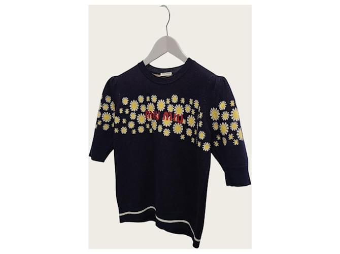 Miu Miu Kurzärmeliger Strickpullover in Navy mit Intarsia-Gänseblümchen Blau - Ansicht 2