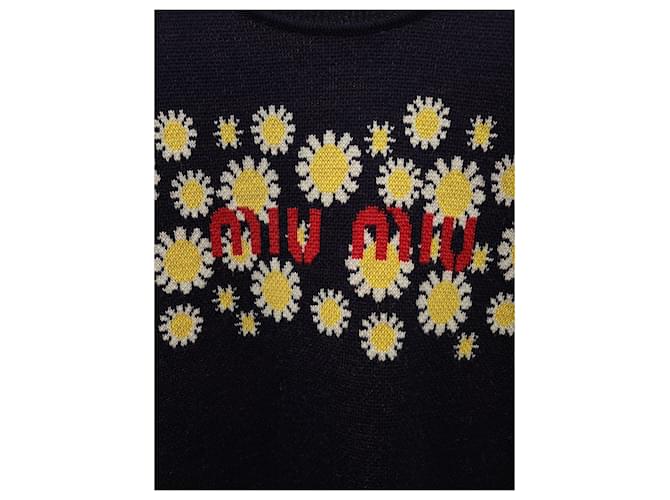 Miu Miu Kurzärmeliger Strickpullover in Navy mit Intarsia-Gänseblümchen Blau - Ansicht 3