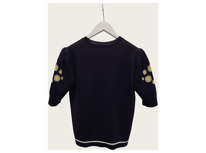 Miu Miu Kurzärmeliger Strickpullover in Navy mit Intarsia-Gänseblümchen Blau - Ansicht 4