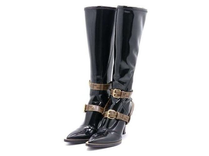 Fendi Botas largas para mujer en cuero charol negro con correa FF Logo - vista 3