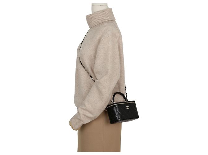 Chanel Borsa Vanity in pelle d'agnello con manico superiore e tracolla a catena Nero Oro - vista 10